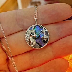 Sterling Silver Unicorn CZ Abalone Necklace 925 Stamped